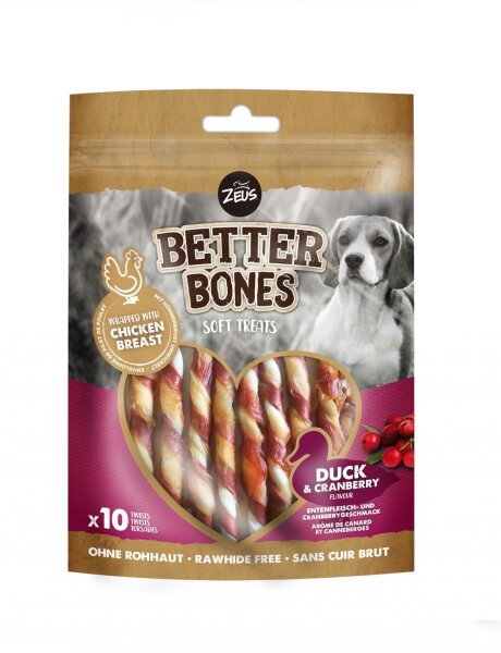 Zeus Better Bones Ente mit Cranberry, 10cm Twists mit Hühnerfleisch umwickelt 10 Stück 114g