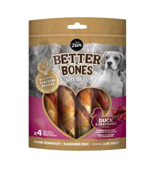 Zeus Better Bones Ente mit Cranberrygeschmack, 12,5cm Rolle mit Hühnerfleisch umwickelt 4 Stück 152g