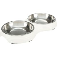 Trixie Napf-Set, flach, Melamin/Edelstahl, 2 x 0,2l Ø 13cm/27 x 3 x 14cm, weiß