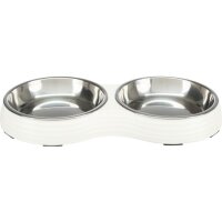 Trixie Napf-Set, flach, Melamin/Edelstahl, 2 x 0,2l Ø 13cm/27 x 3 x 14cm, weiß